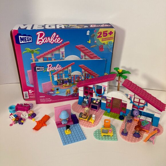 Mega Bloks Barbie Malibu House Building Set 2 Dolls 303 Pieces Near Complete - Picture 1 of 16